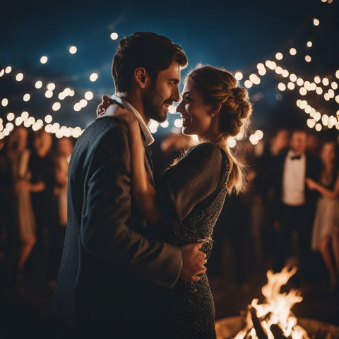 Couple celebrates Lupercalia at night with fairy light, community, and a bonfire behind them. They hold each other close smiling and looking into each others eyes.