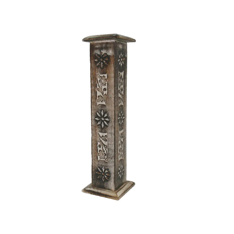 Hand Carved Wooden Incense Burner Tower - Daisy Flowers