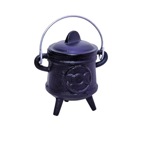 Tall Triple Moon Cast Iron Cauldron w/ Lid + Handle