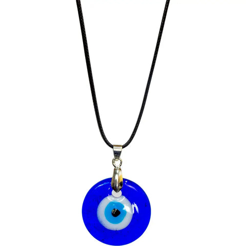 Evil Eye Protection Necklace - Round Blue - Black Cord