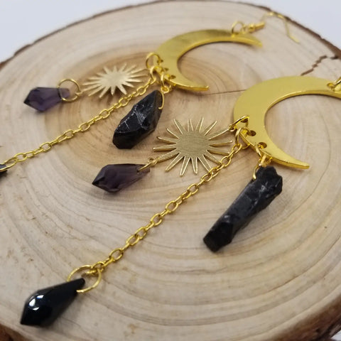 Moon Black Crystal Tassel Drop Earrings