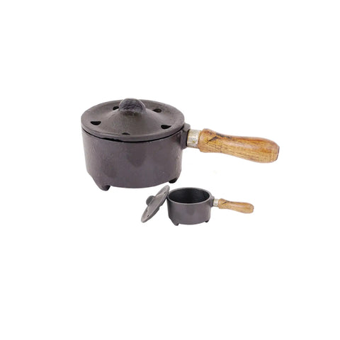 Iron Charcoal Burner w/ Lid + Wood Handle